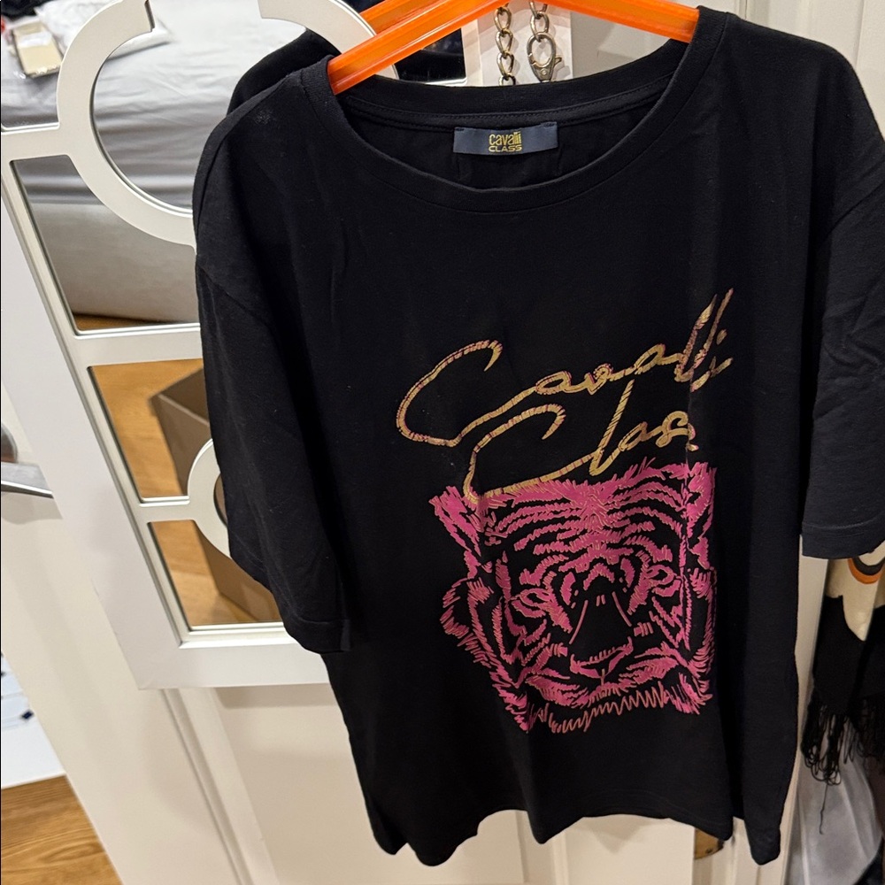 Cavalli Class Black Tee with Pink Graphic